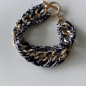 Bracelet - black + white fabric and gold chain